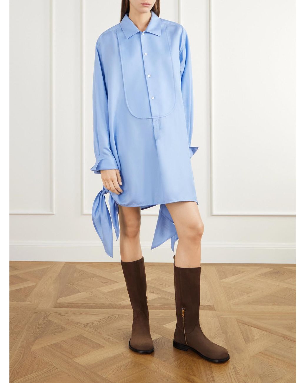 J.W. Anderson Blue Tie-Detailed Logo-Embroidered Cotton And Silk-Blend Poplin Mini Dress