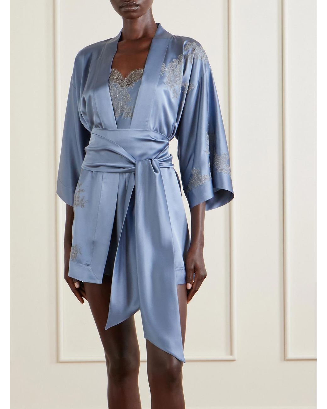 Carine Gilson Blue Lace-Embroidered Silk-Satin Robe