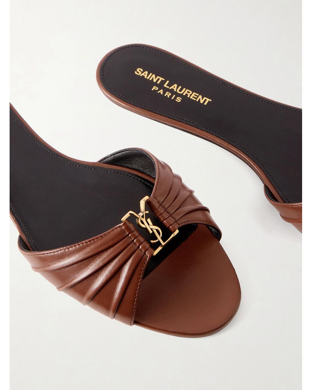 Saint Laurent Brown Babylone Cassandre-Embellished Gathered Glossed-Leather Slides