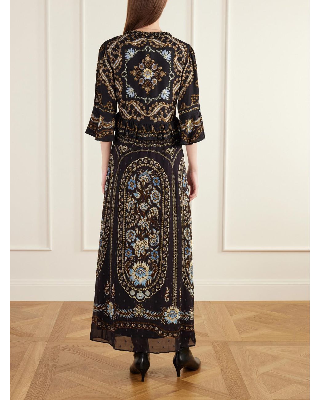 Farm Rio Black Daniela Ruffled Printed Embroidered Crepe Maxi Dress