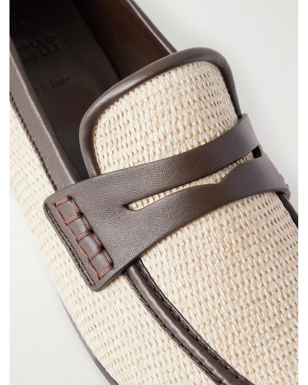 Brunello Cucinelli White Leather-Trimmed Raffia Penny Loafers