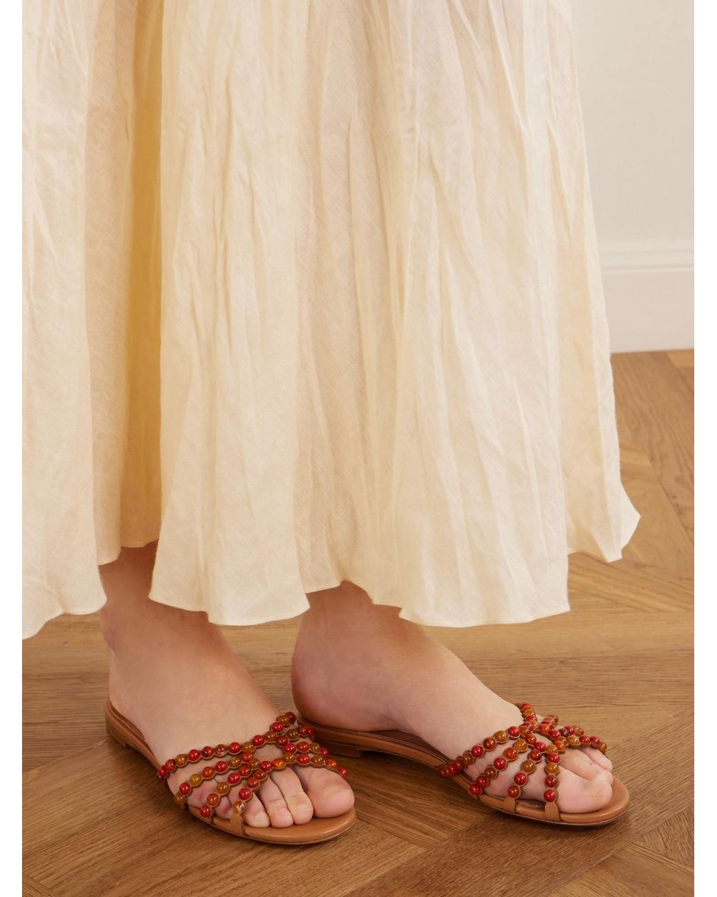 Aquazzura Natural Gemma Embellished Leather Sandals