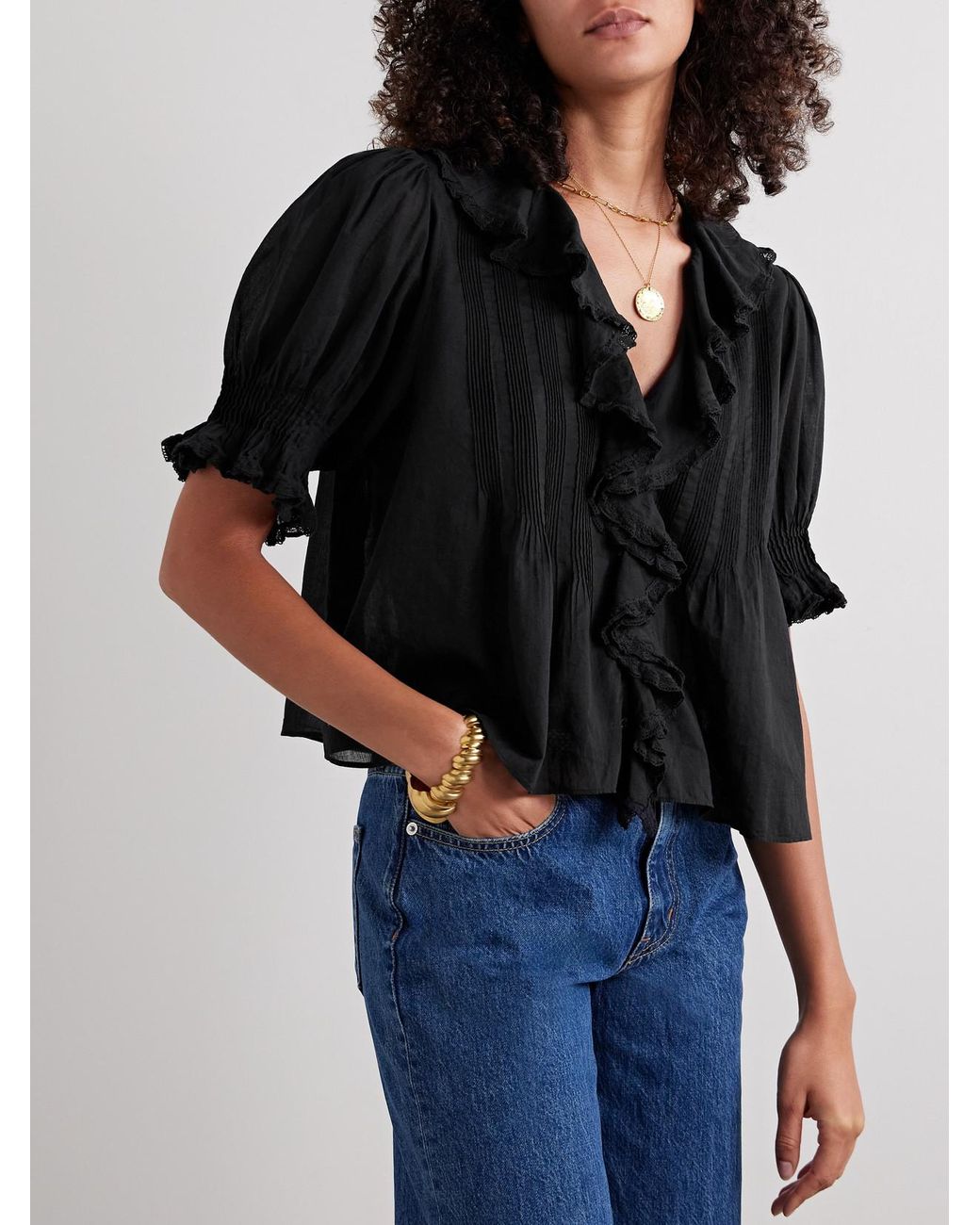 Doen Black Henri Ruffled Pintucked Organic Cotton-Voile Top