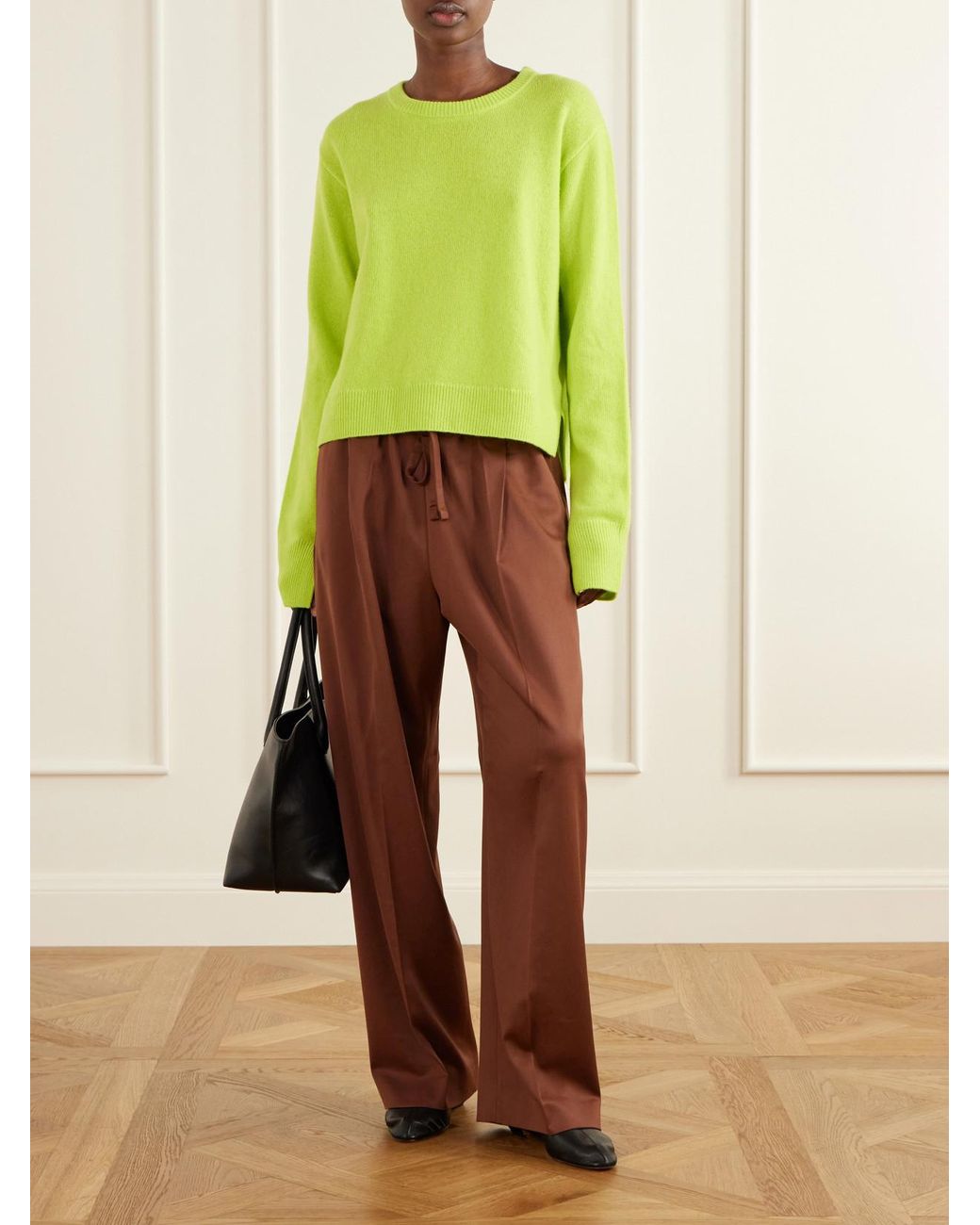 Another Tomorrow Brown Pleated Wool-Blend Straight-Leg Pants