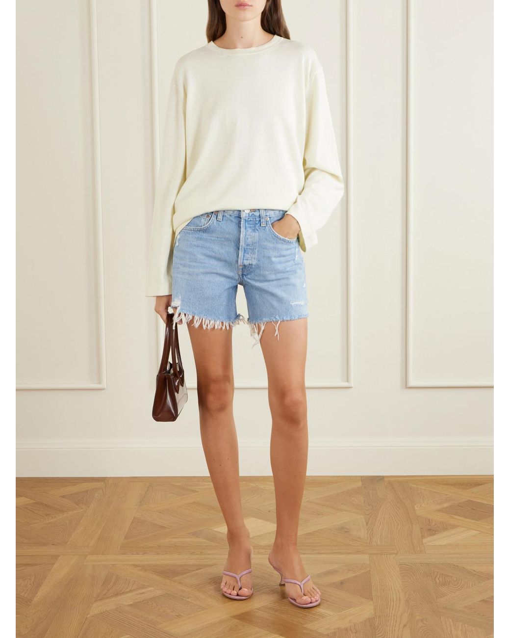 Agolde Blue Parker Long Distressed Organic Denim Shorts