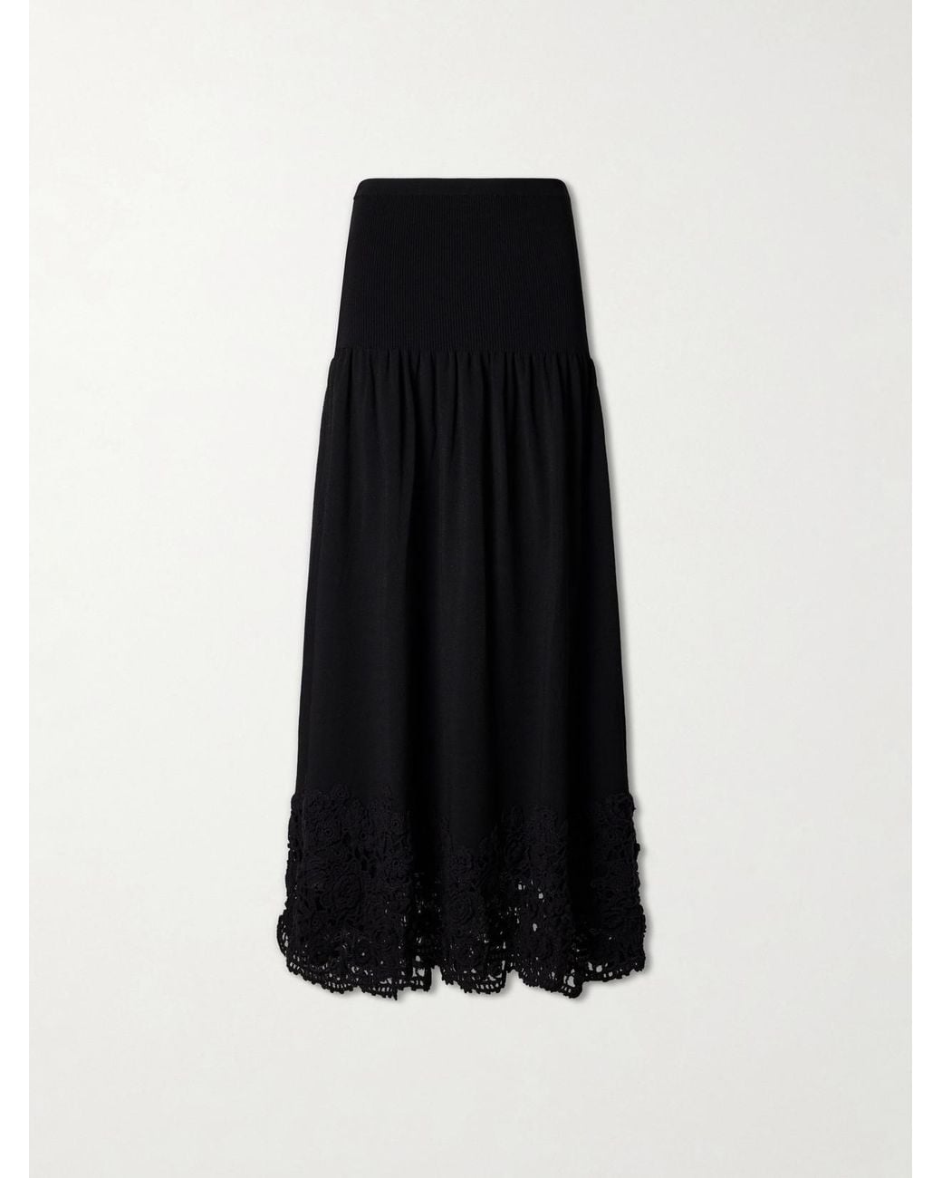 Ulla Johnson Black Leona Crochet-Trimmed Ribbed Midi Skirt