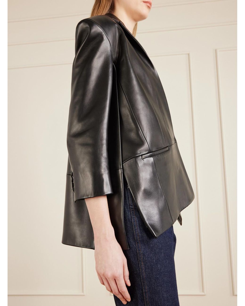 Khaite Black Asymmetric Paneled Leather Blazer