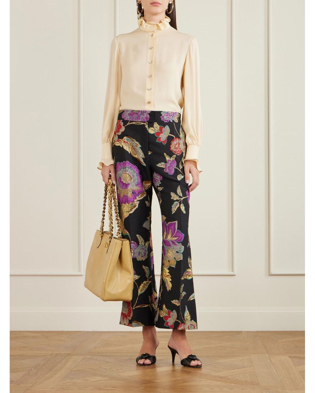 Valentino Garavani Black Floral-Brocade Wool-Blend Straight-Leg Pants