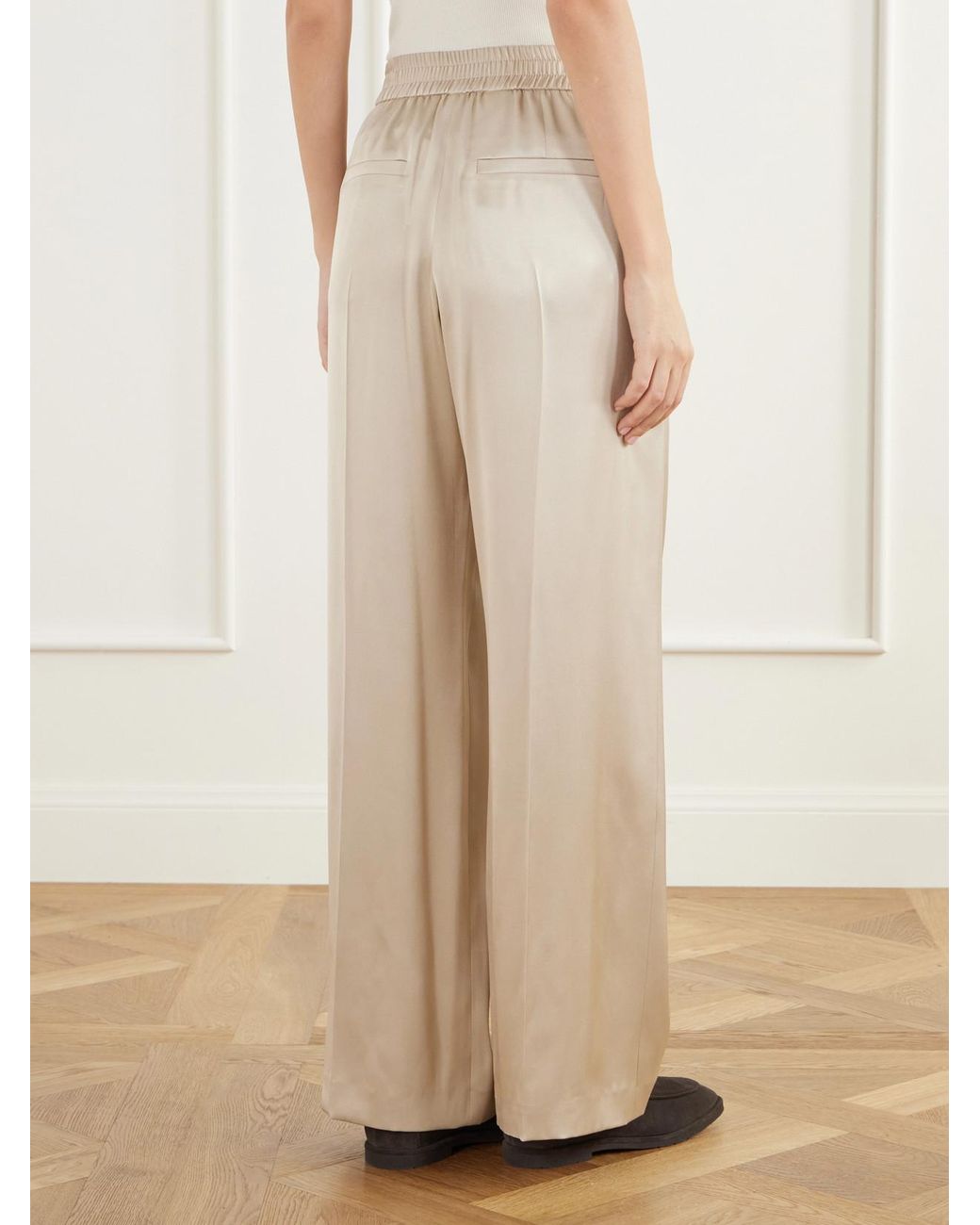 Brunello Cucinelli Natural Pleated Silk-Satin Wide-Leg Pants