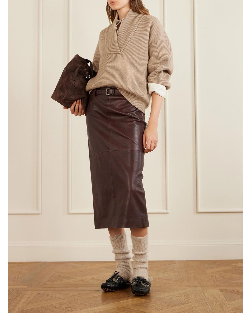 Brunello Cucinelli Brown Paneled Leather Midi Skirt