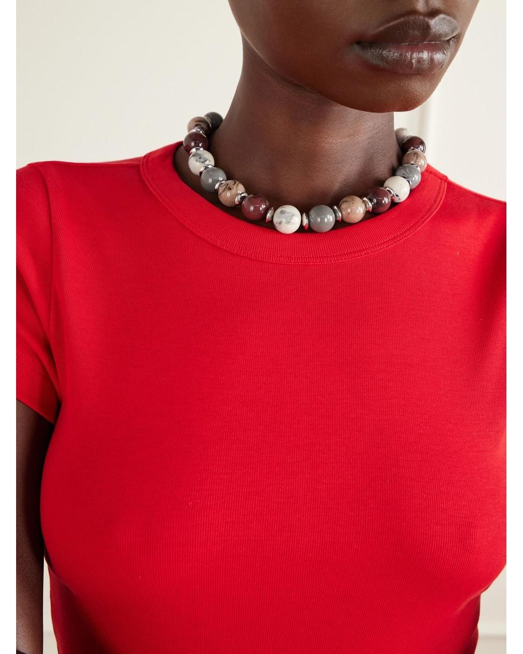 Julietta Natural Mavis Rhodium Pleated Jasper Beaded Necklace