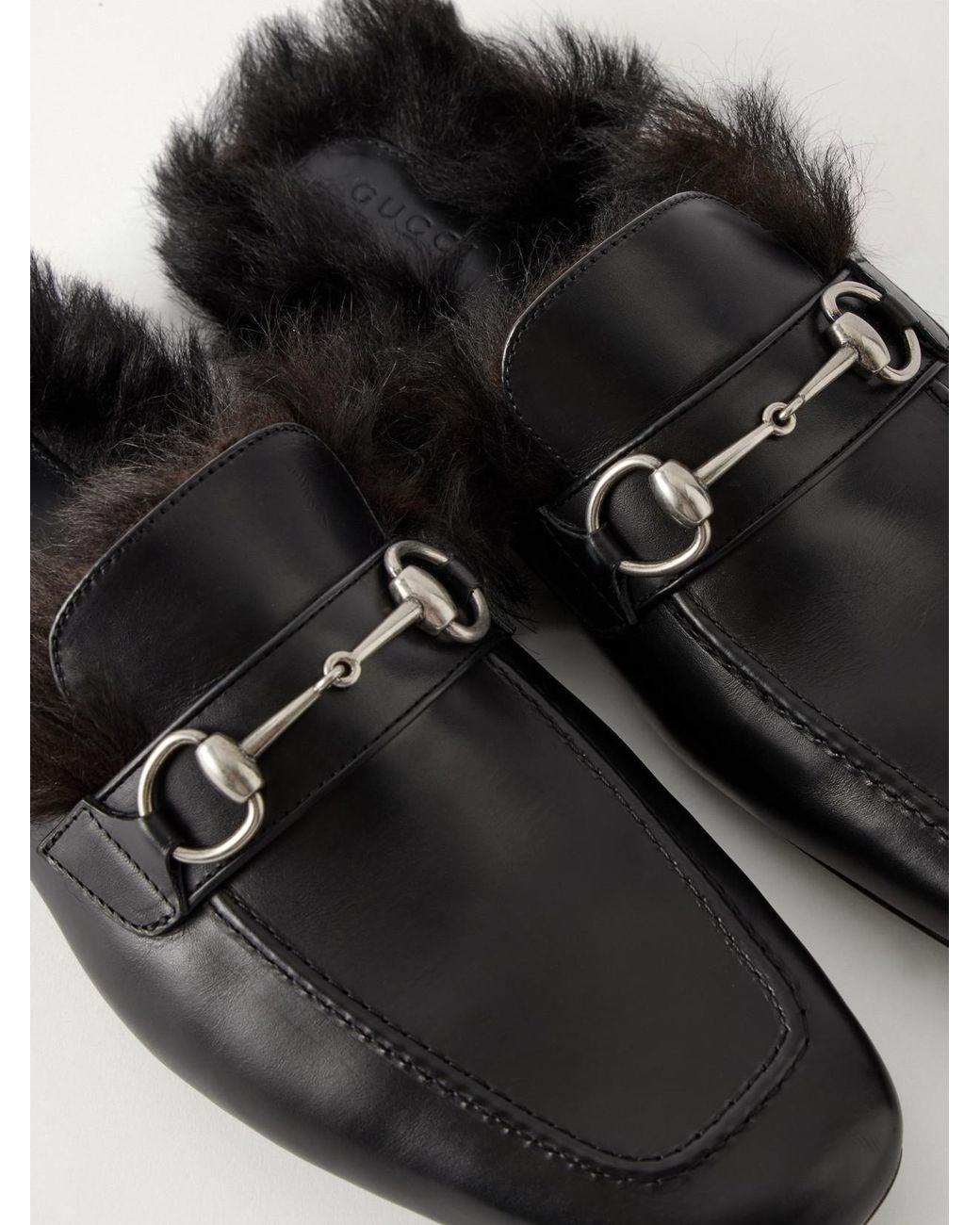 Gucci White Casanova Horsebit-Detailed Shearling-Trimmed Leather Mules