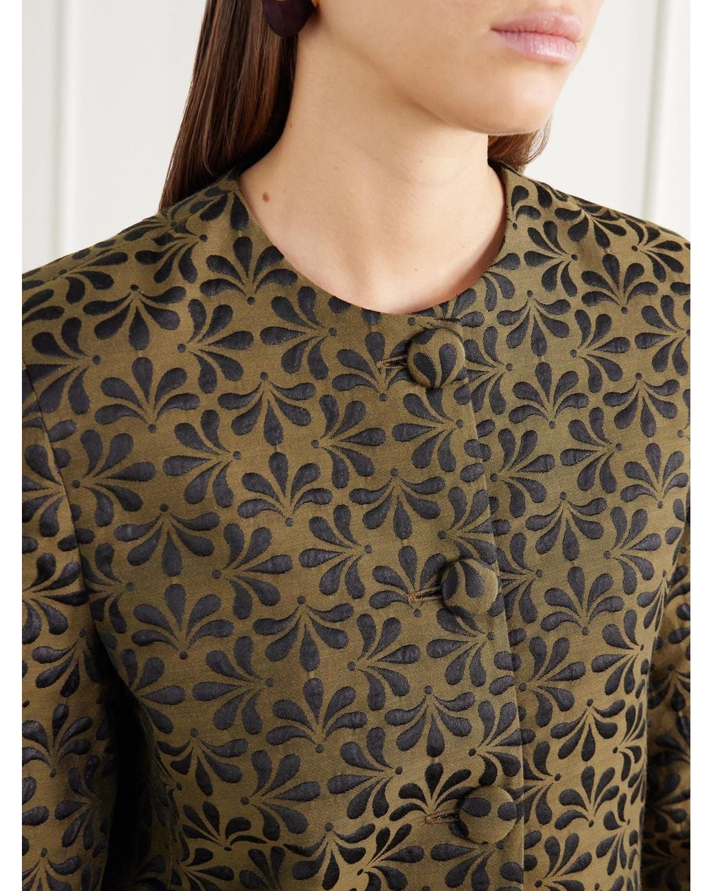 D'Estree Green Ruby Cropped Floral-Jacquard Cotton-Blend Twill Jacket