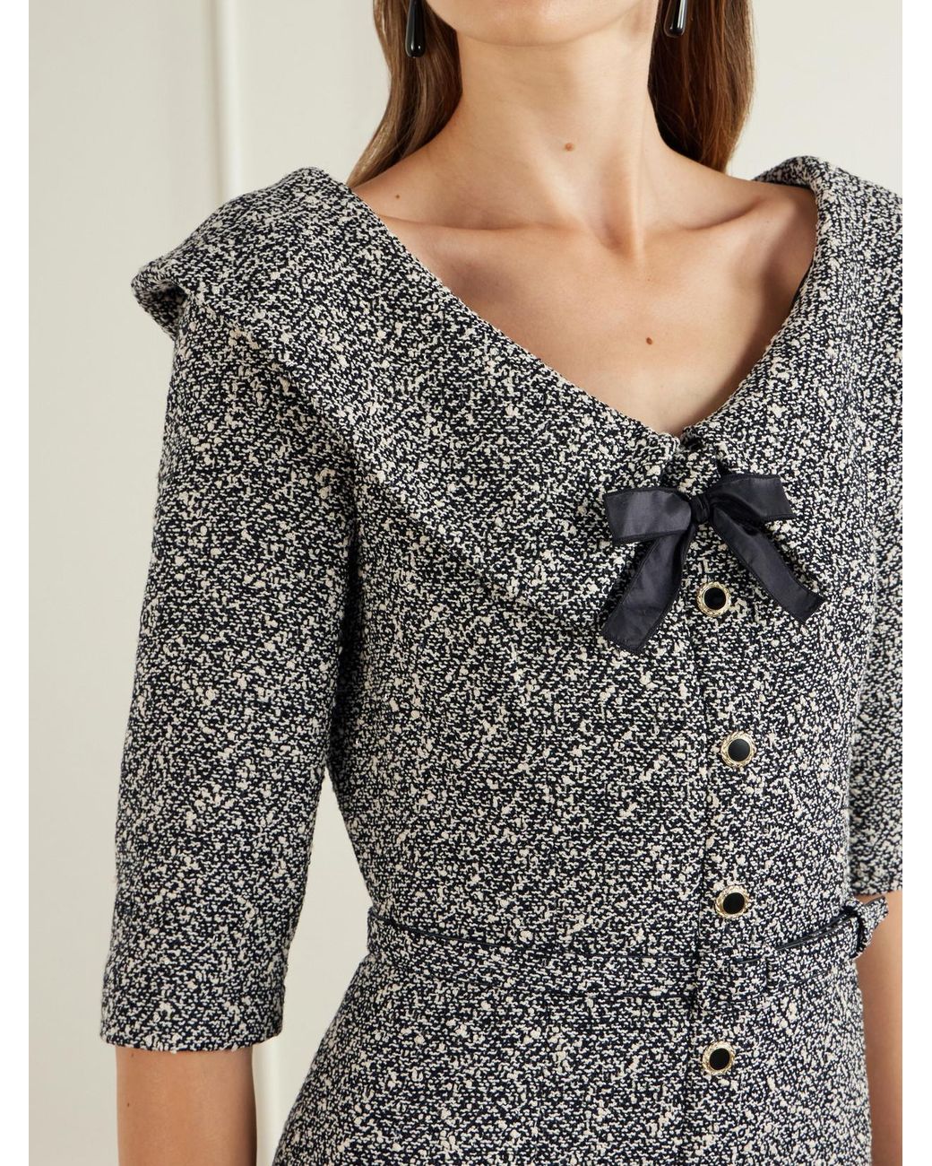 Alessandra Rich Gray Bow-Detailed Silk-Trimmed Tweed Midi Dress