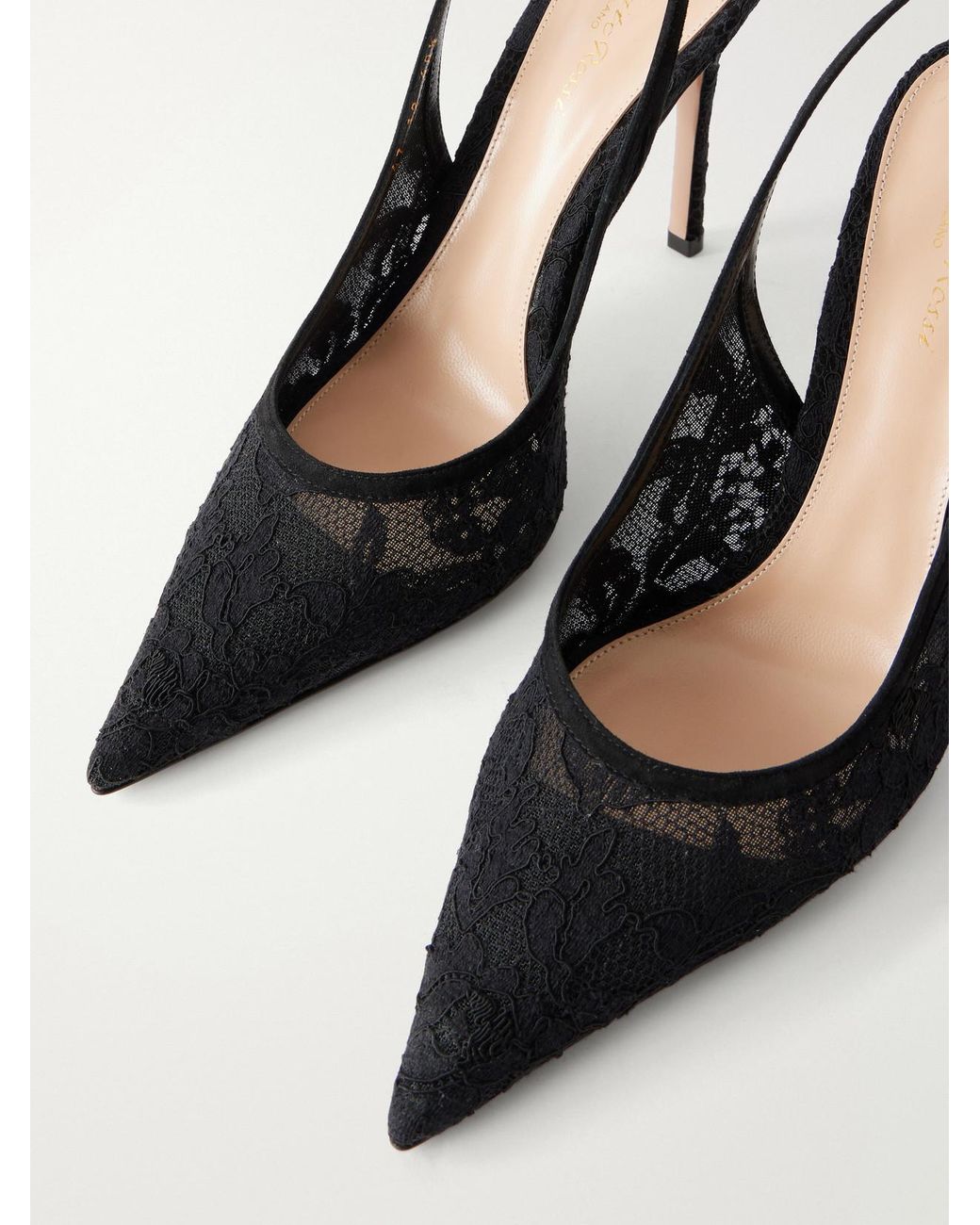 Gianvito Rossi Black Sofia 95 Suede-Trimmed Lace Slingback Pumps