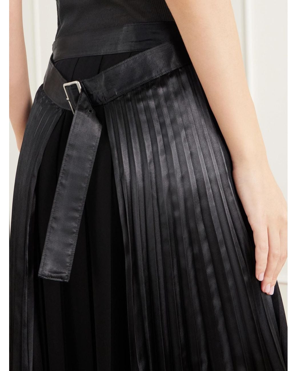 Junya Watanabe Black Layered Pleated Wool-Blend Flannel And Satin Maxi Skirt