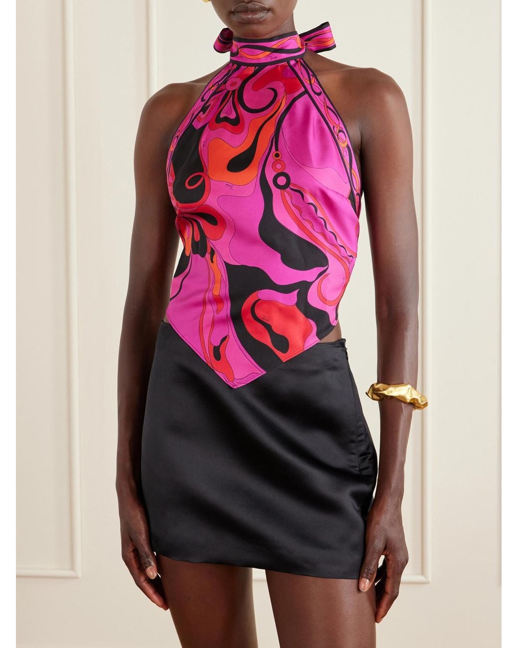 Emilio Pucci Pink Printed Silk-Twill Halterneck Top