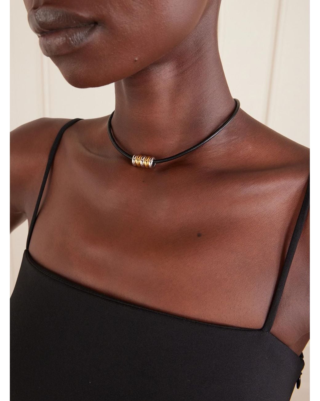 DEHANCHE Metallic Hollyhock Beaded And-Toned Leather Necklace