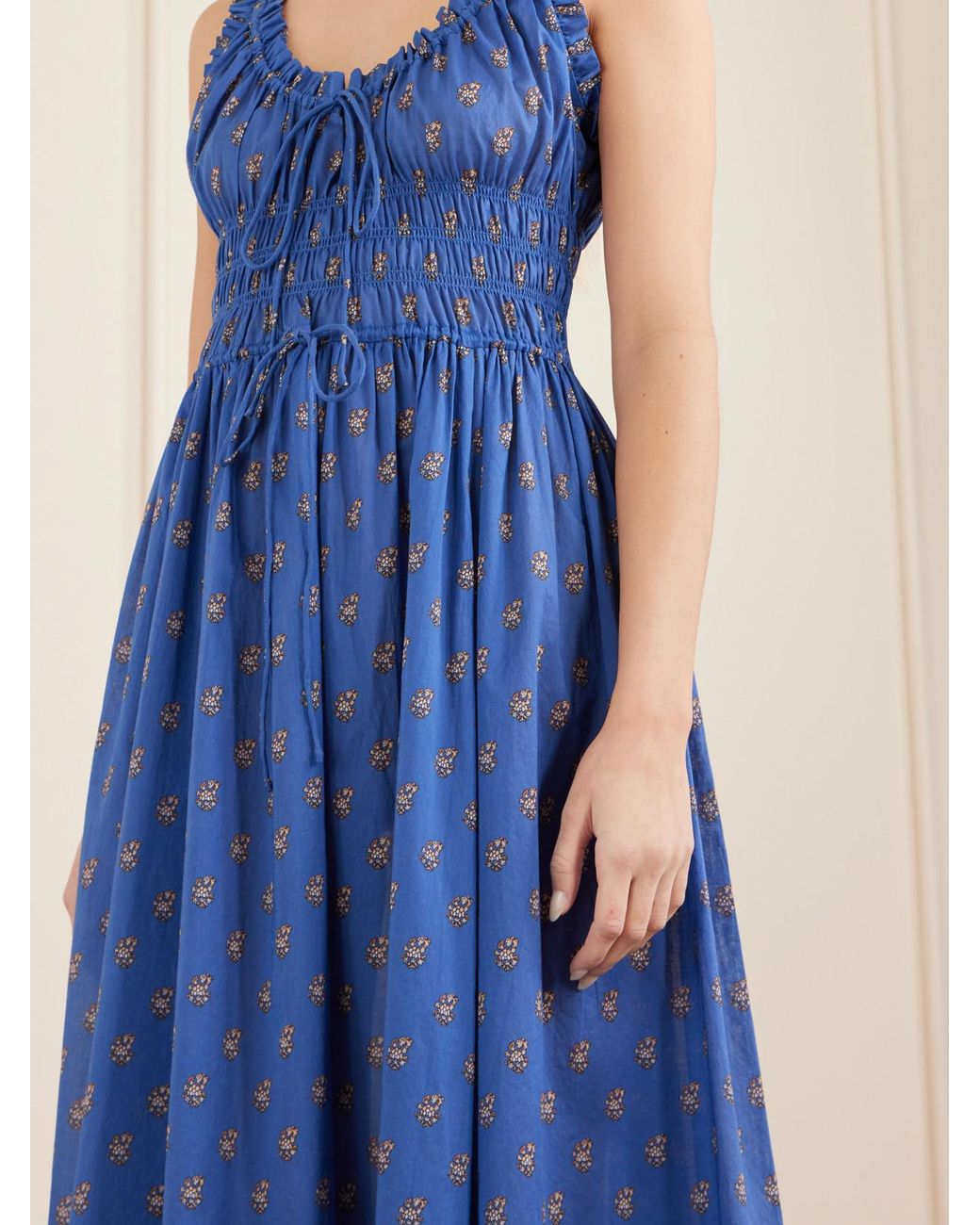 Doen Blue Emmaretta Shirred Floral-Print Cotton Midi Dress