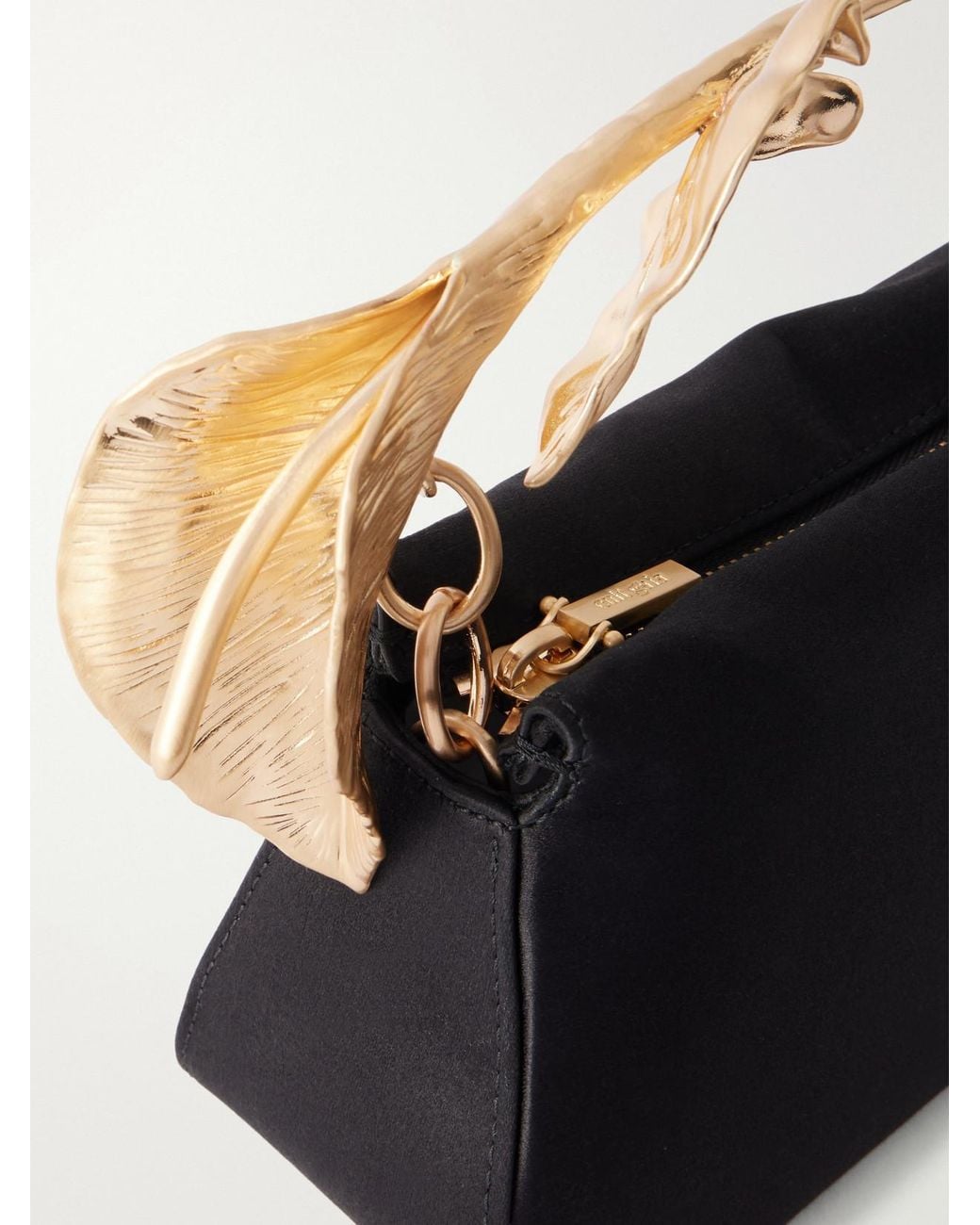 Cult Gaia Black Calla-Tone Floral-Embellished Satin Top-Handle Bag