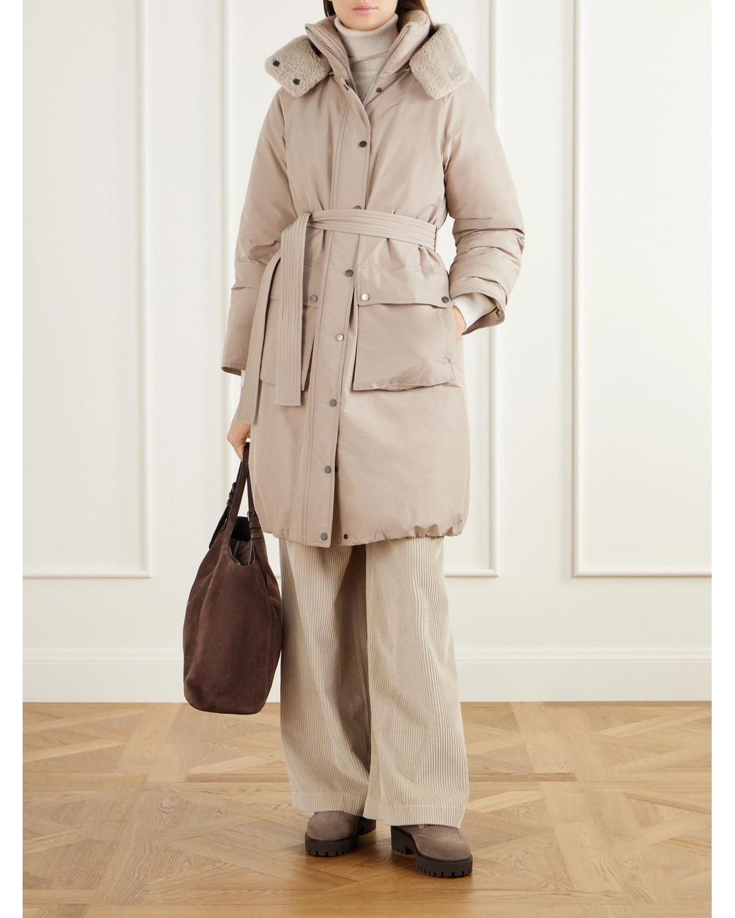 Brunello Cucinelli Natural Hooded Belted Plush-Trimmed Cotton-Blend Shell Down Coat