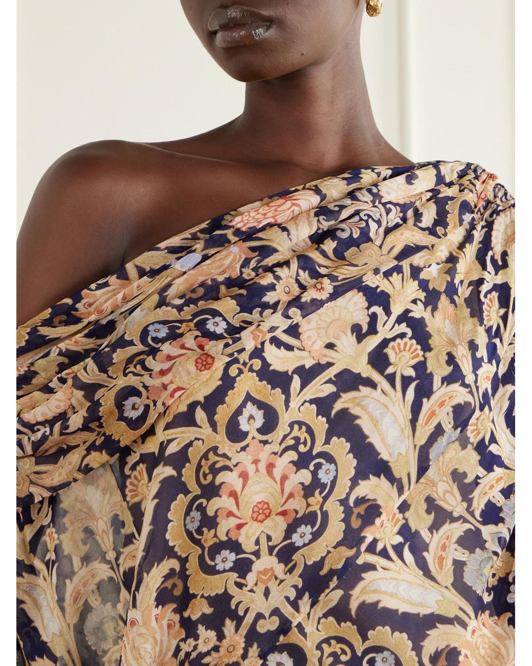 Zimmermann Natural Valiant One-Shoulder Gathered Printed Crepe Maxi Dress