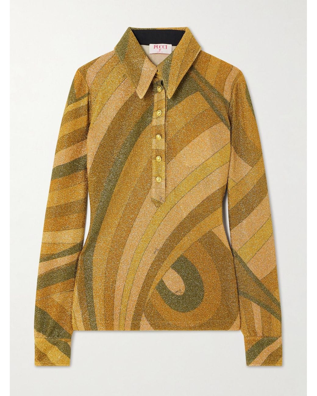 Emilio Pucci Yellow Printed Metallic Jersey Polo Shirt