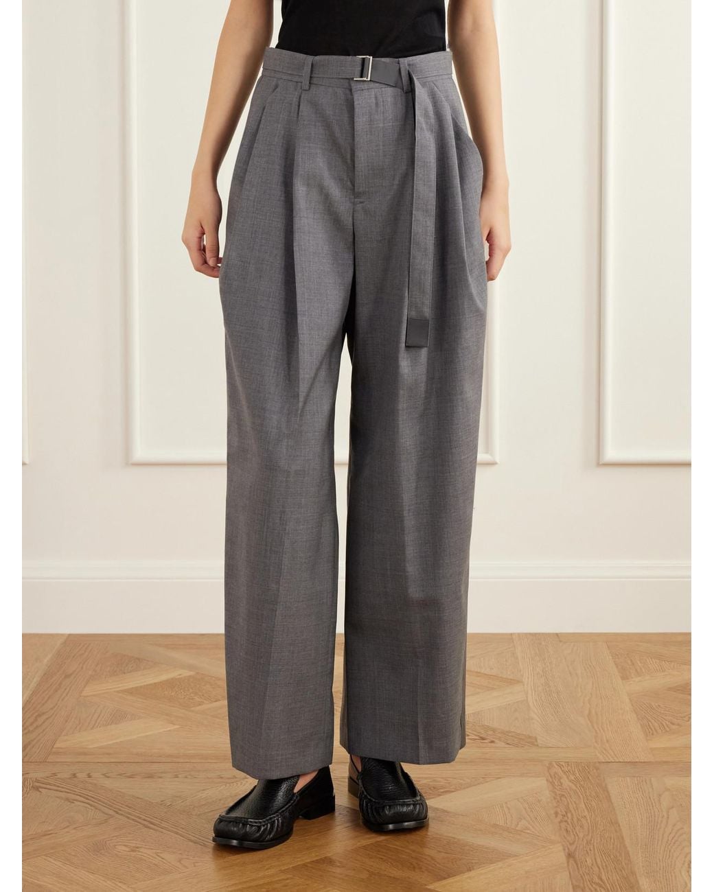 Sacai Gray Belted Pleated Twill Wide-Leg Pants