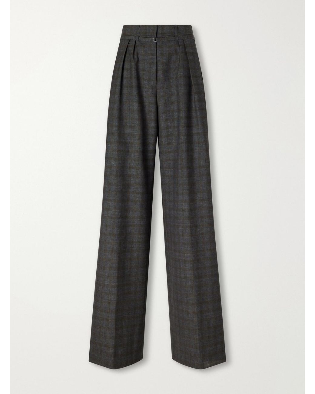 Dries Van Noten Gray Belted Checked Wool Wide-Leg Pants