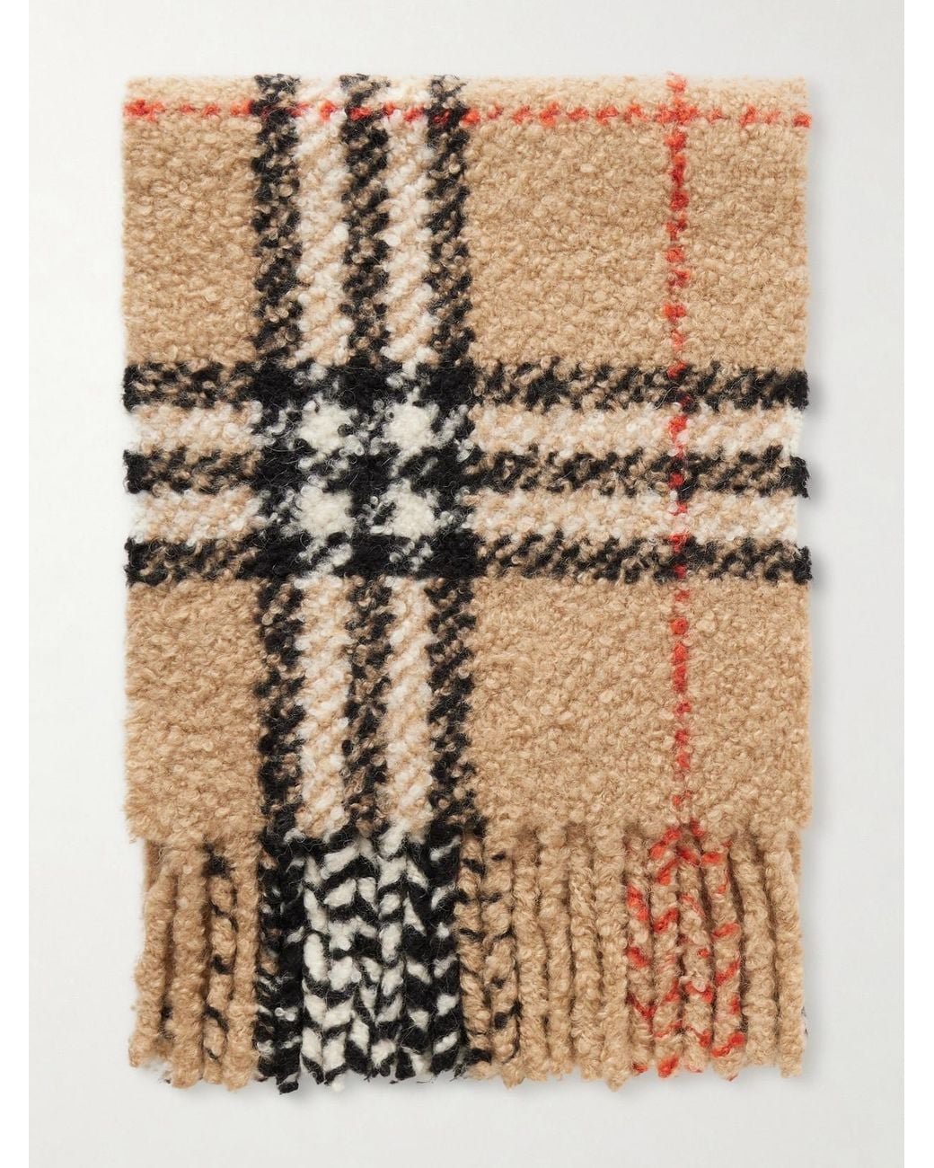 Burberry Natural Fringed Checked Alpaca And Wool-Blend Bouclé Scarf