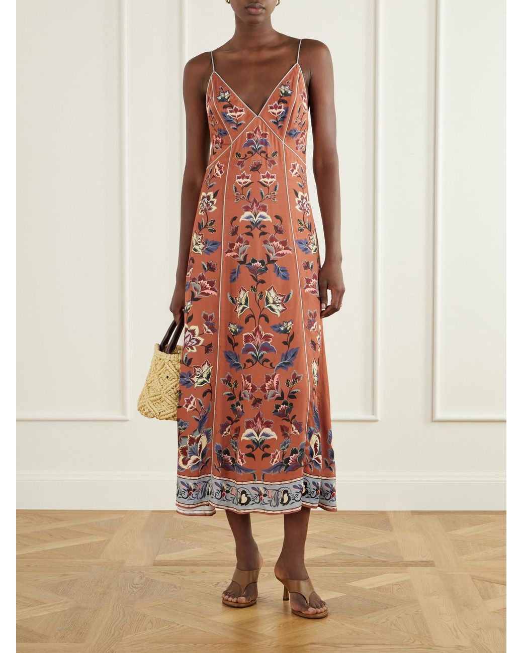 Farm Rio White Floral Beauty Tapestry Floral-Print Satin-Twill Maxi Dress