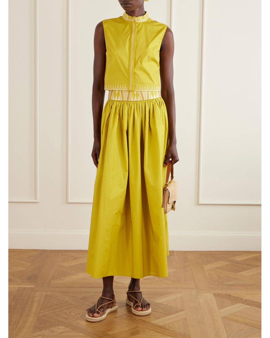 Emporio Sirenuse Yellow Ombretta Embroidered Cotton-Blend Poplin Midi Skirt