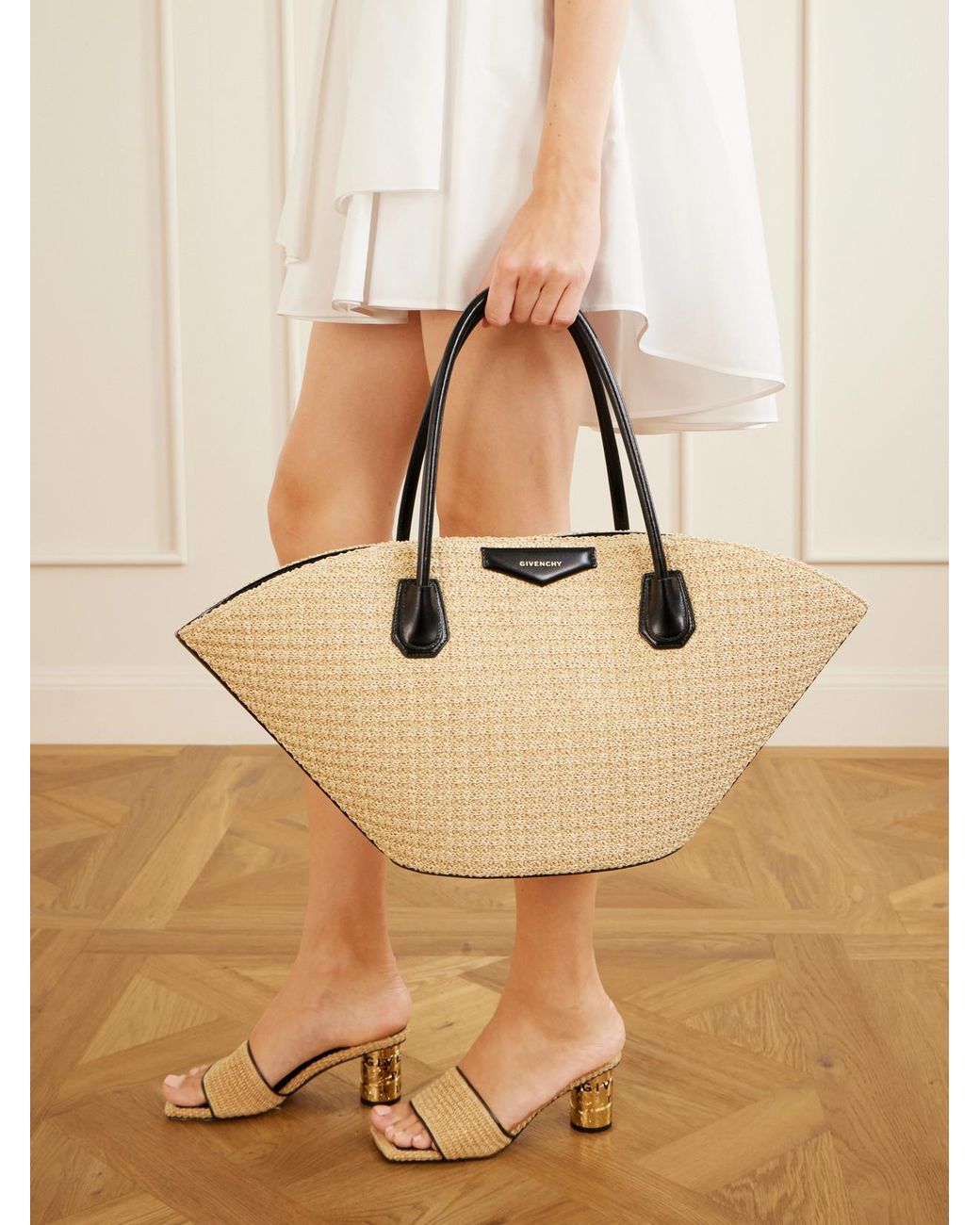 Givenchy Natural Antigona Small Leather-Trimmed Raffia Tote