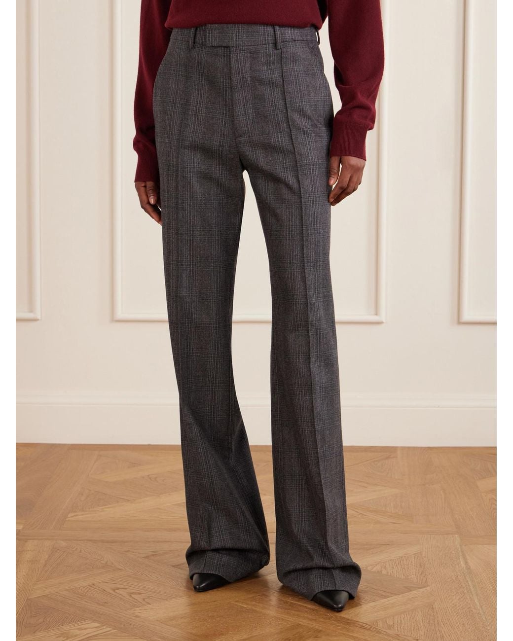 Nili Lotan Gray Etoile Pleated Checked Wool And Cashmere-Blend Felt Straight-Leg Pants