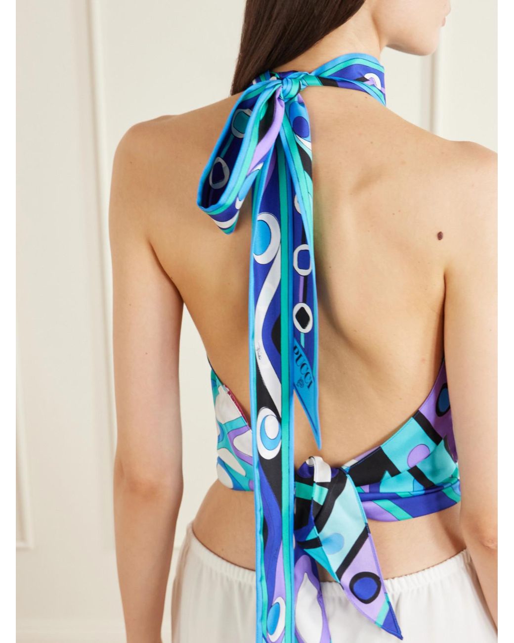 Emilio Pucci Blue Printed Silk-Twill Halterneck Top