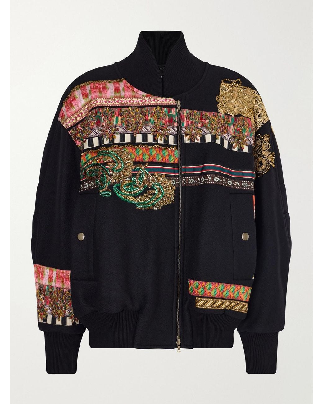 Dries Van Noten Black Embroidered-Embellished Rib-Trimmed Wool-Blend Twill Bomber Jacket