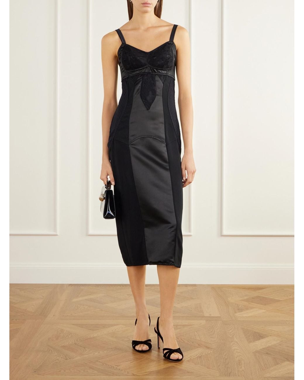 Dolce & Gabbana Black Paneled Cut-Out Lace-Trimmed Satin And Crepe Bustier Midi Dress