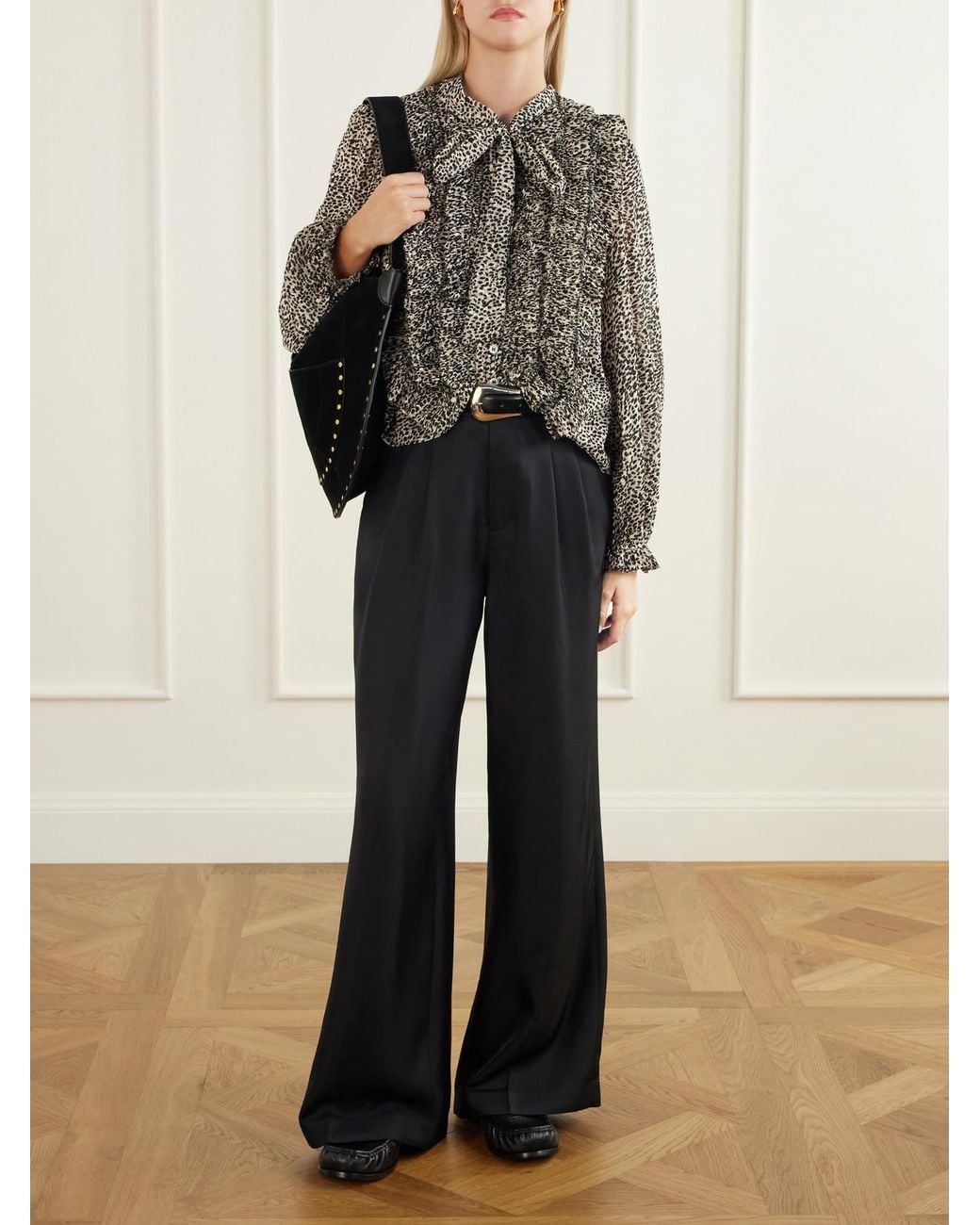 Sea Black Charlize Tie-Detailed Ruffled Animal-Print Chiffon Blouse