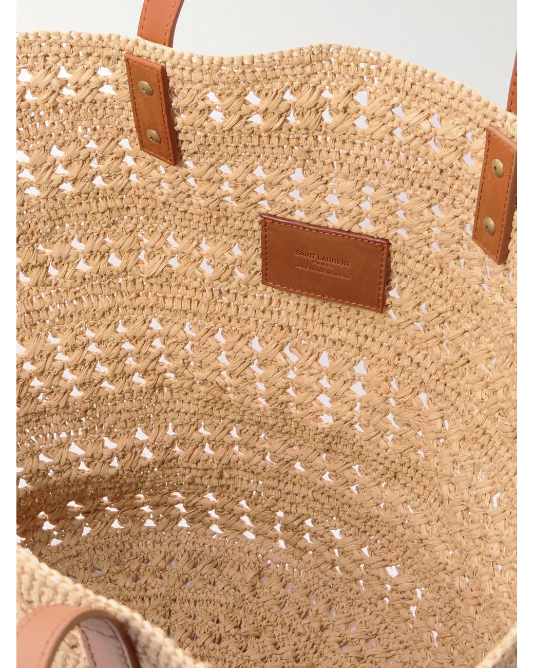Saint Laurent Natural Panier Medium Leather-Trimmed Raffia Tote