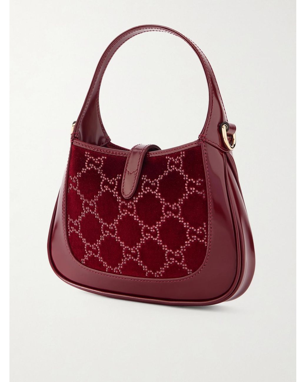 Gucci Red Jackie 1961 Crystal-Embellished Velvet And Leather Shoulder Bag