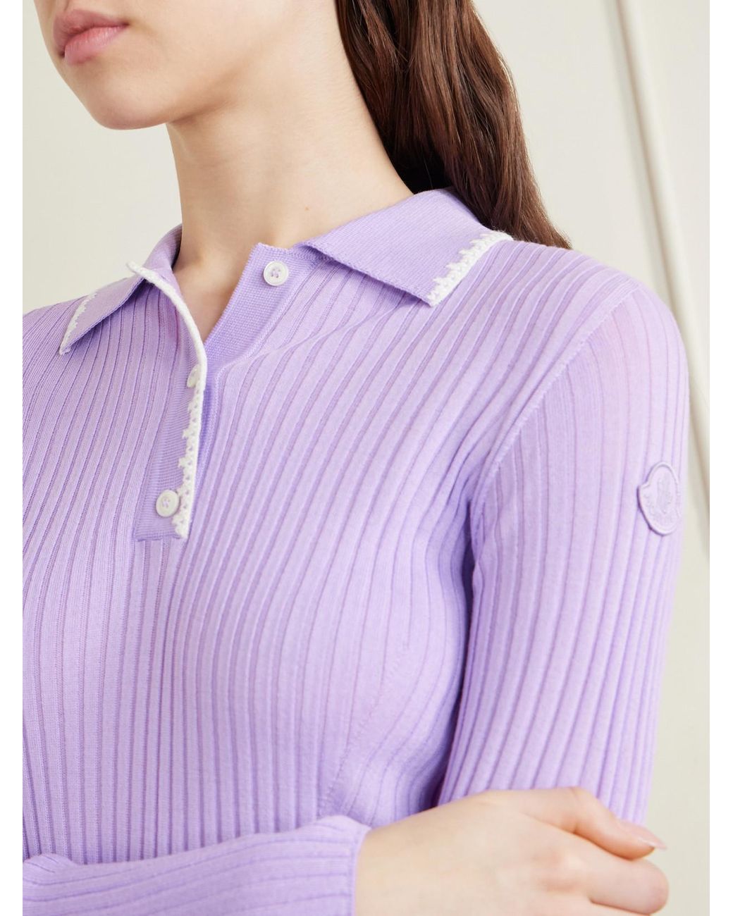 Moncler Purple Appliquéd Embroidered Ribbed Wool Polo Shirt