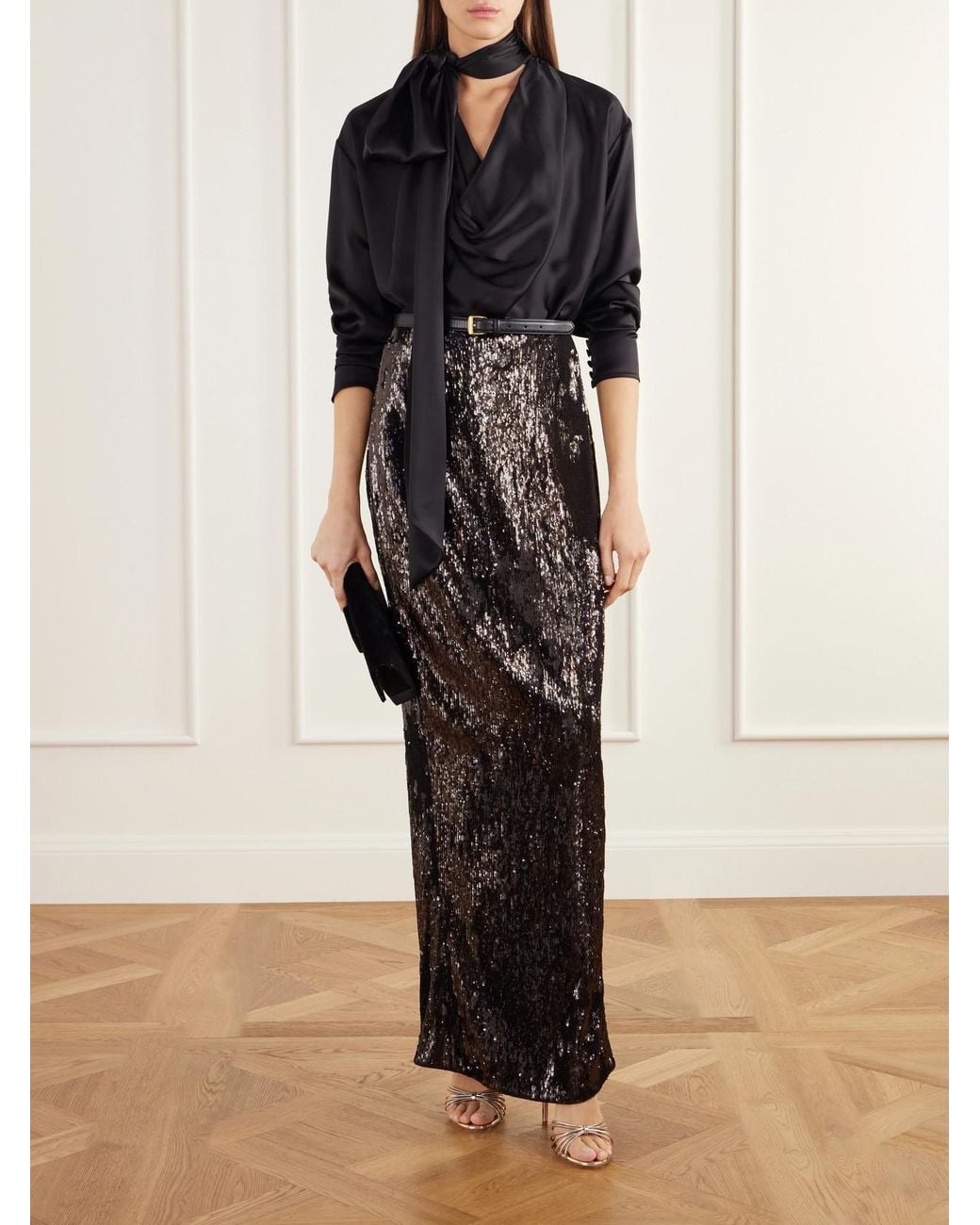 Balmain Black Sequined Crepe Maxi Skirt