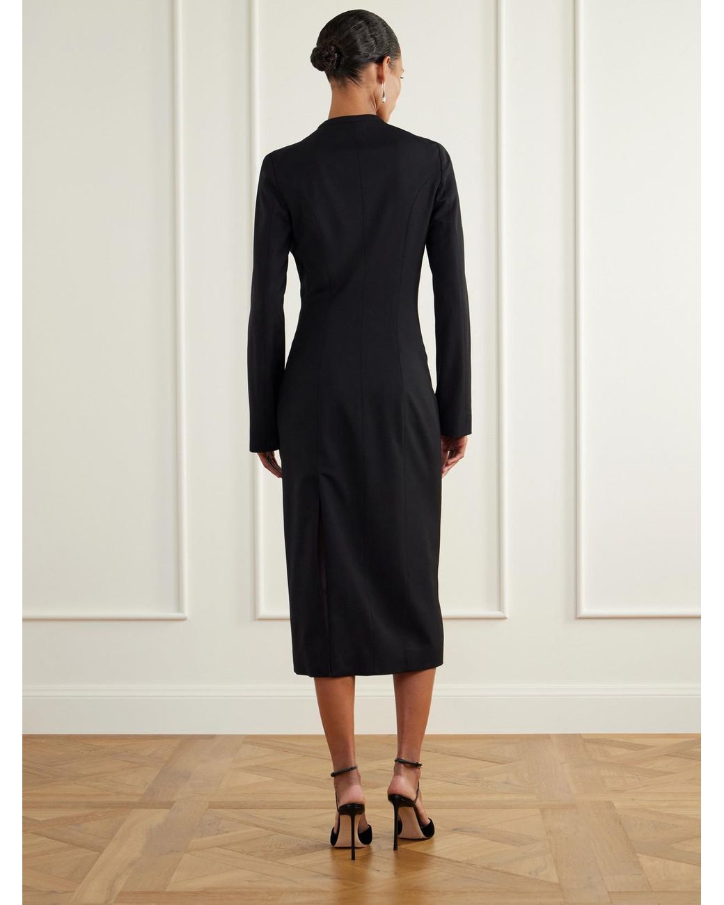 Colleen Allen Black Cut-Out Stretch Wool-Blend Midi Dress