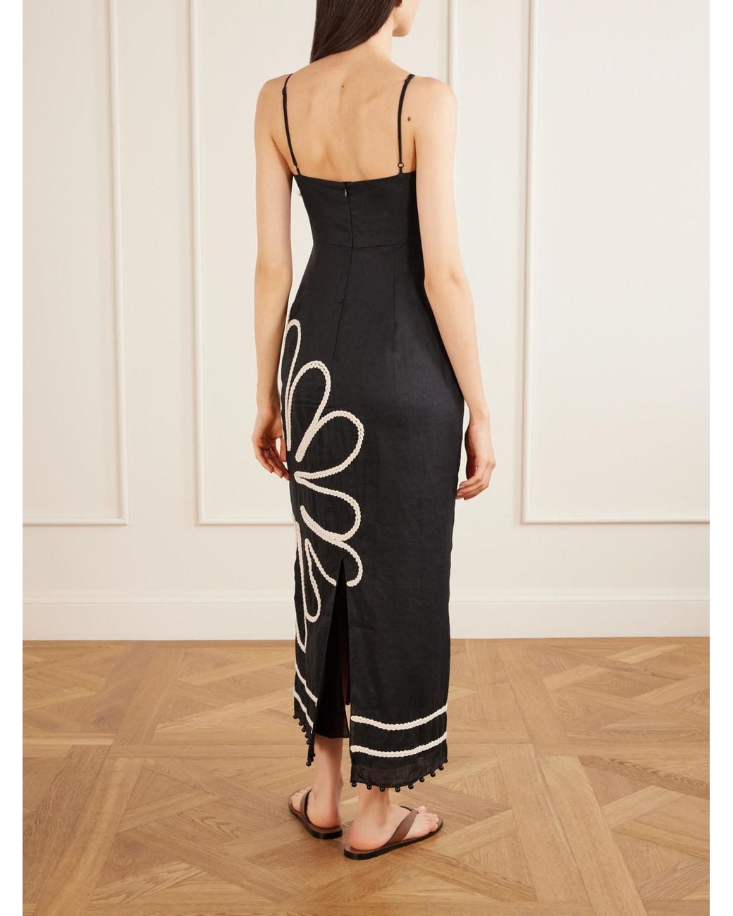 Cala De La Cruz White Paloma Bead-Embellsihed Embroidered Linen Midi Dress