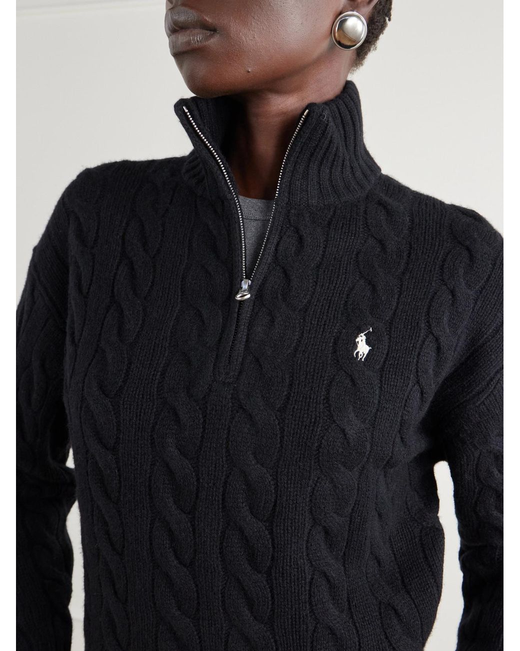 Polo Ralph Lauren Blue Logo-Embroidered Cable-Knit Wool And Cashmere-Blend Half-Zip Sweater