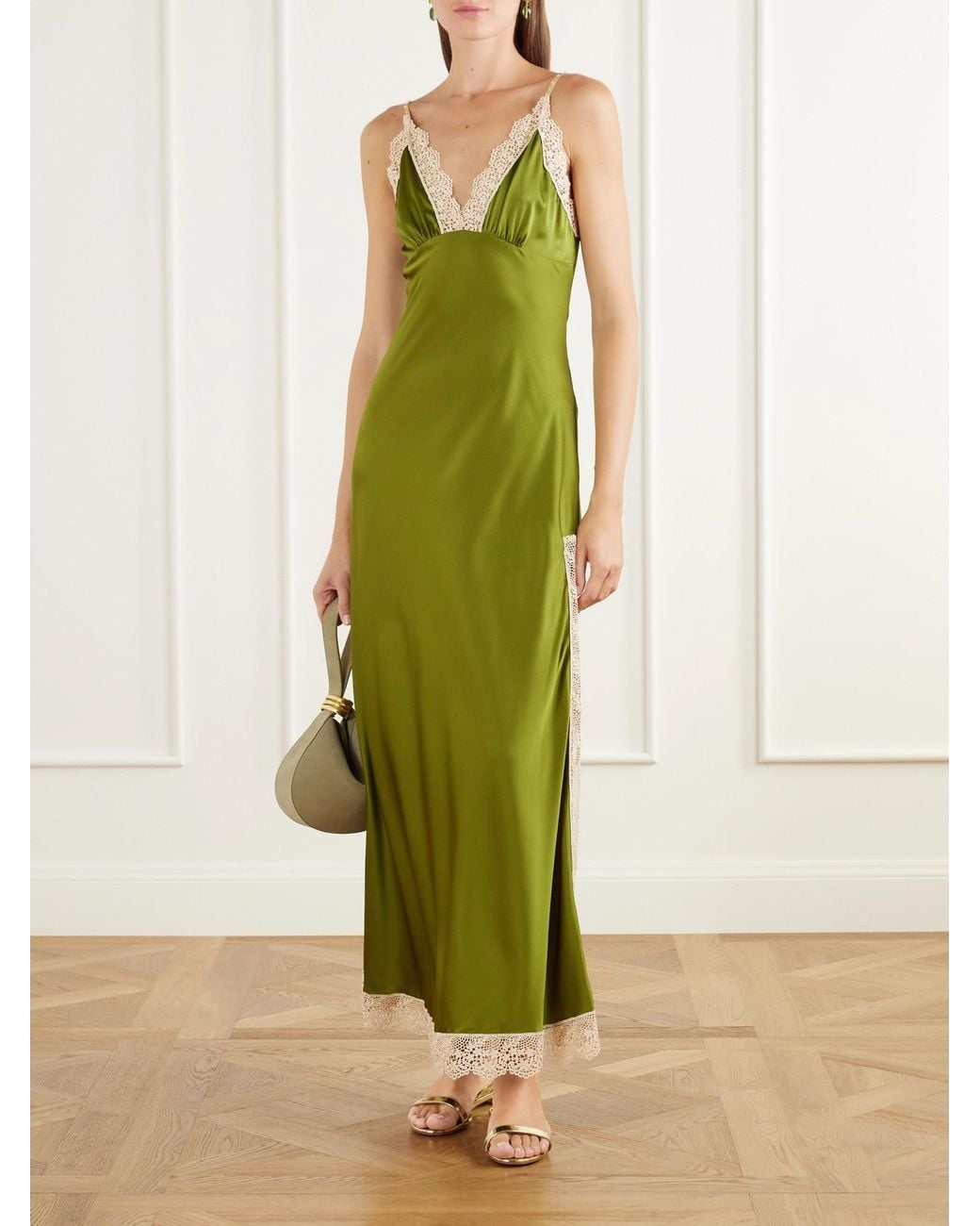 Miguelina Green Bead-Embellished Crochet-Trimmed Silk-Blend Satin Maxi Dress