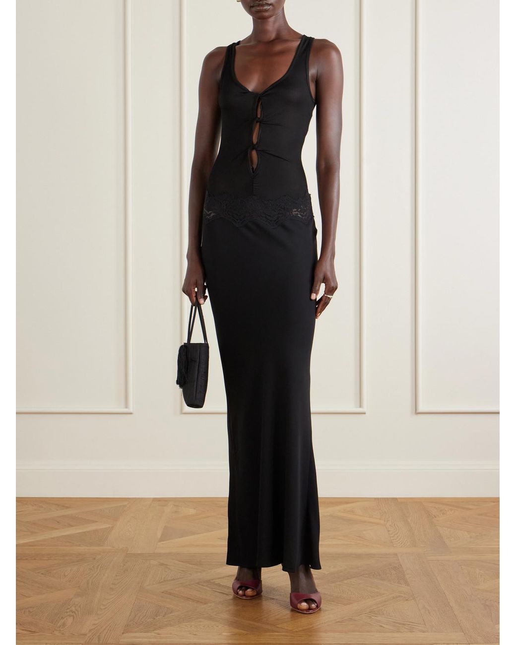 Christopher Esber Black Verner Cut-Out Ribbed-Detail Lace-Trimmed Jersey Midi Dress