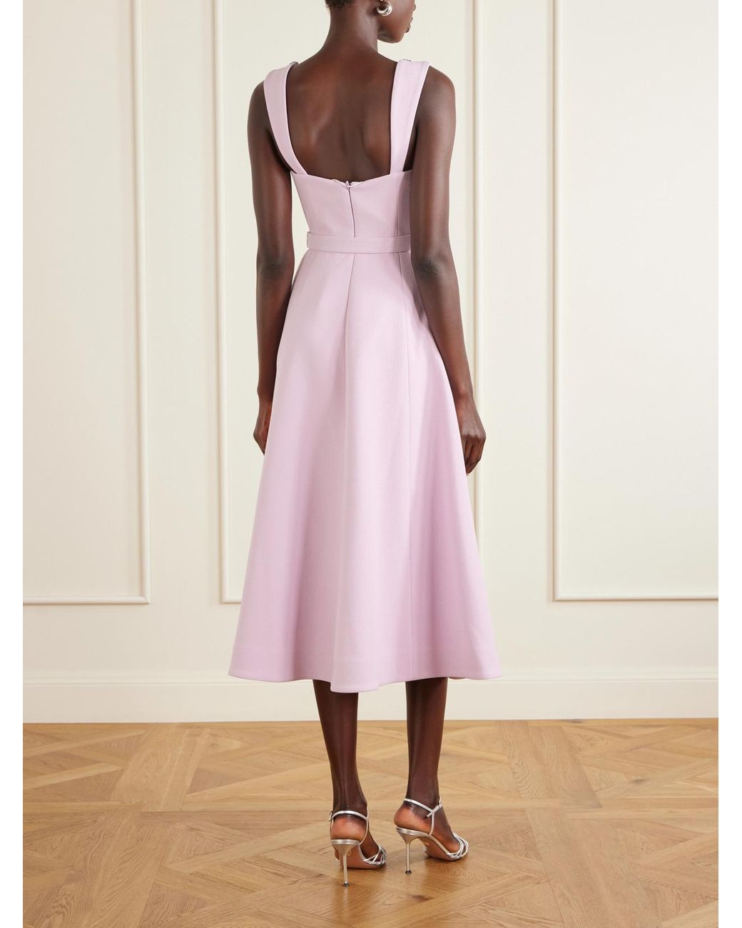 Rebecca Vallance Pink Yolanda Belted Crystal-Embellished Crepe Midi Dress
