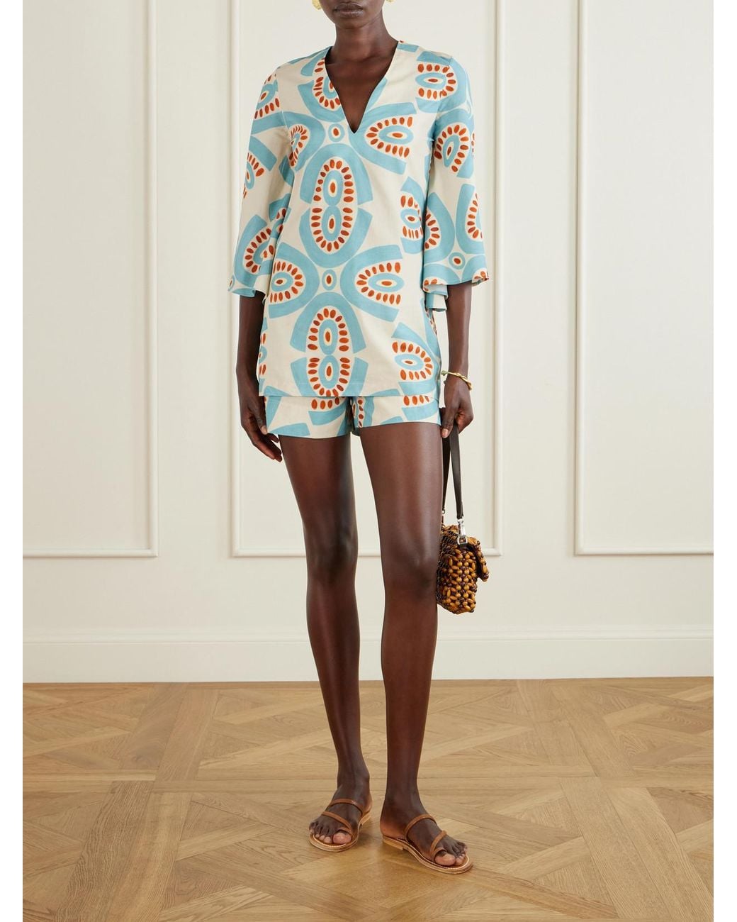 Themis Z Blue Thaleia Printed Cotton Blouse And Shorts Set