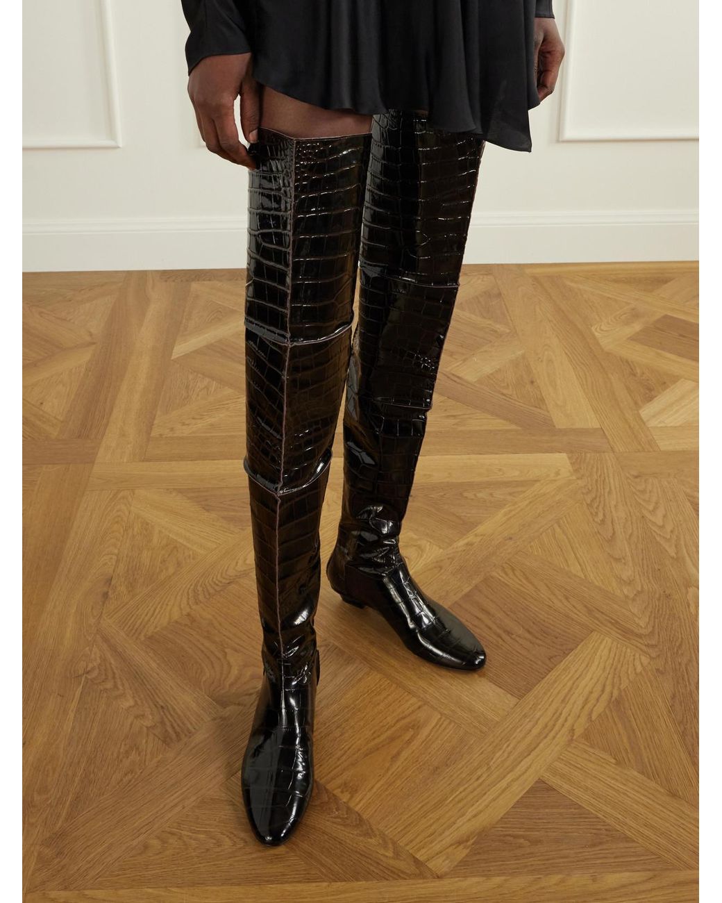 Magda Butrym Black Paneled Croc-Effect Leather Over-The-Knee Boots